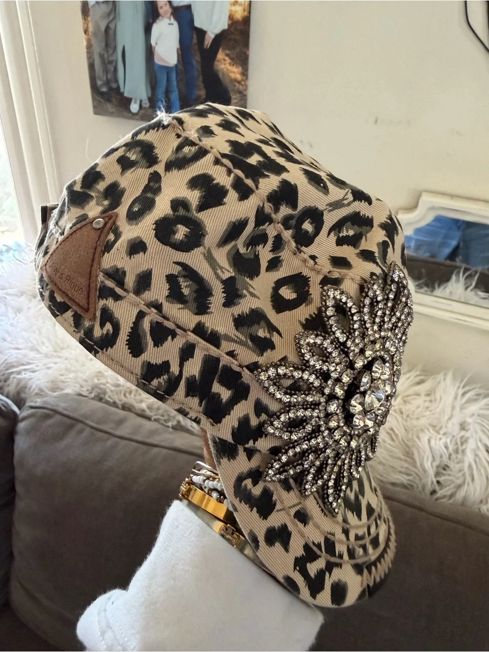 Bling bling  Beige and Black Leopard Cadet Hat with Rhinestone Brooch